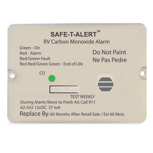 SafeTAlert 62 Series Carbon Monoxide Alarm  12V  RV Flush Mount  White 62542WT