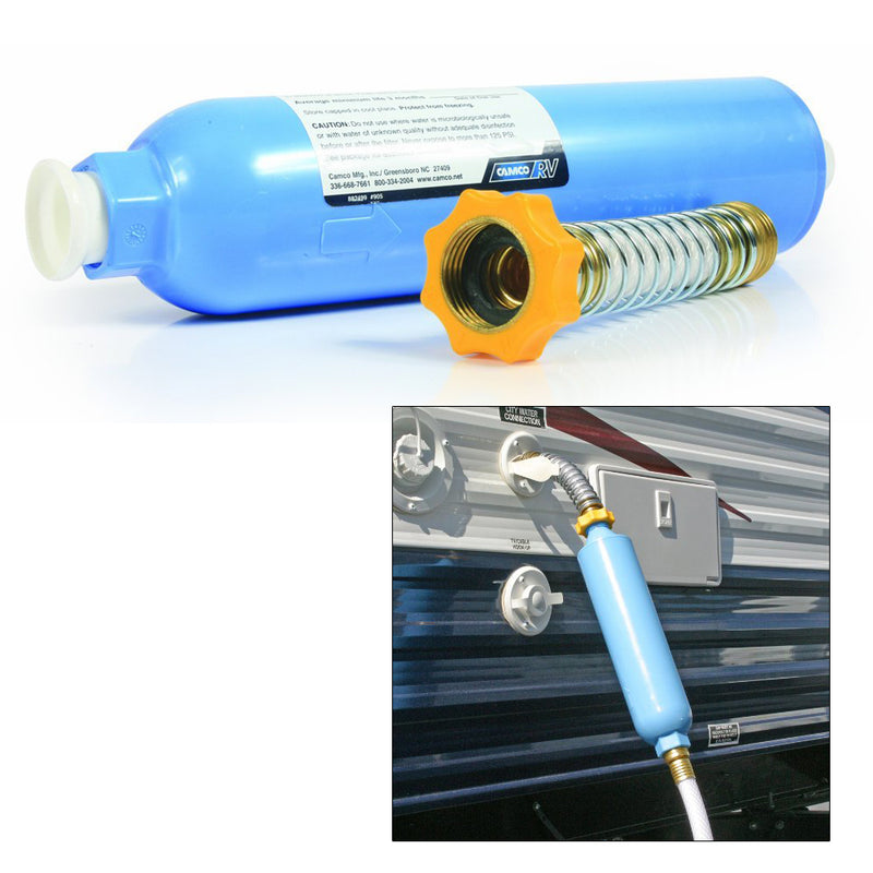 Camco TastePURE KDFCarbon Water Filter wFlexible Hose Protector 40043