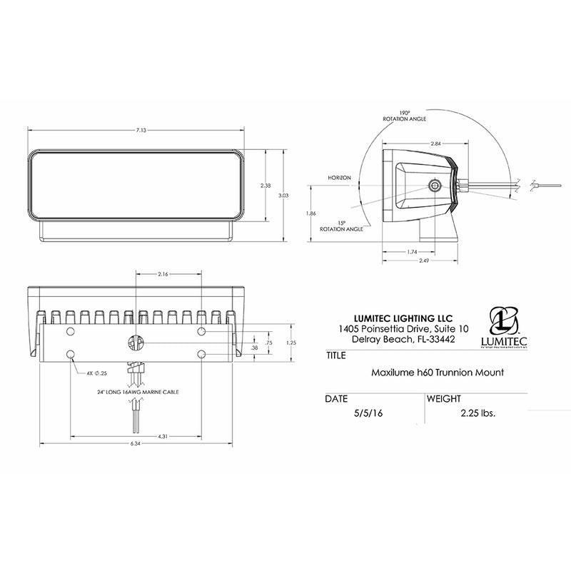 Lumitec Maxillume h60  Trunnion Mount Flood Light  White Dimming  White Housing 101334