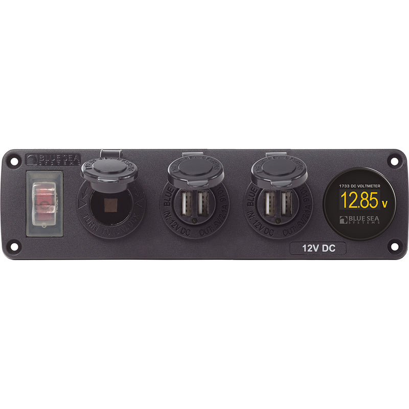 Blue Sea 4368 Water Resistant USB Accessory Panel  12V Socket 2x 21A Dual USB Chargers Mini Voltmeter 4368