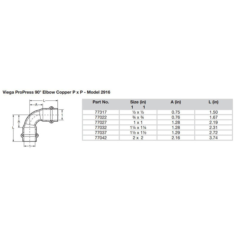 Viega ProPress 1  90 Copper Elbow  Double Press Connection  Smart Connect Technology 77027