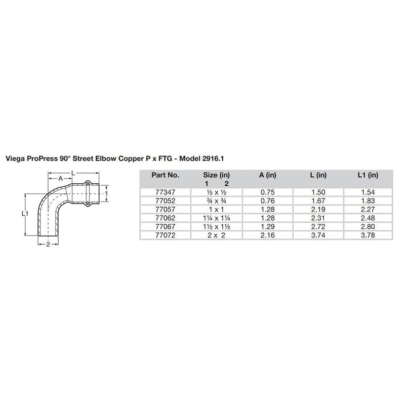 Viega ProPress 1  90 Copper Elbow  StreetPress Connection  Smart Connect Technology 77057