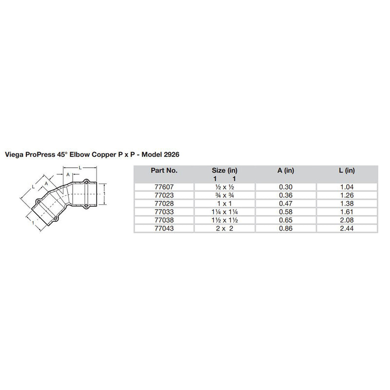 Viega ProPress 34  45 Copper Elbow  Double Press Connection  Smart Connect Technology 77023