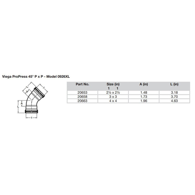 Viega ProPress 212  45 Copper Elbow  Double Press Connection  Smart Connect Technology 20653