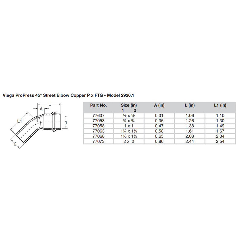 Viega ProPress 1  45 Copper Elbow  StreetPress Connection  Smart Connect Technology 77058