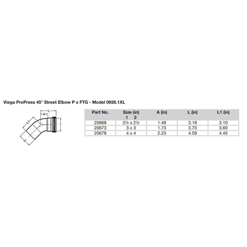 Viega ProPress  212  45 Copper Elbow  StreetPress Connection  Smart Connect Technology 20668