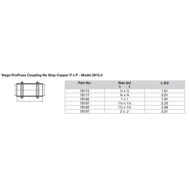 Viega ProPress 12 Copper Coupling wo Stop  Double Press Connection  Smart Connect Technology 78172