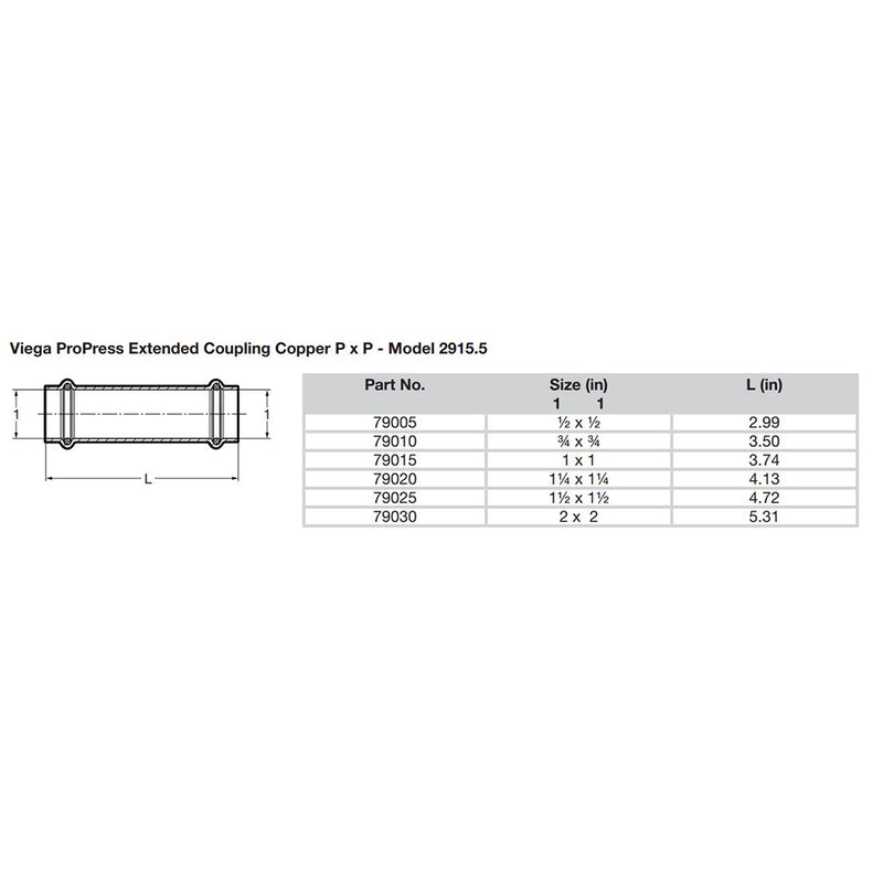 Viega ProPress 114 Extended Coupling wo Stop  Double Press Connection  Smart Connect Technology 79020