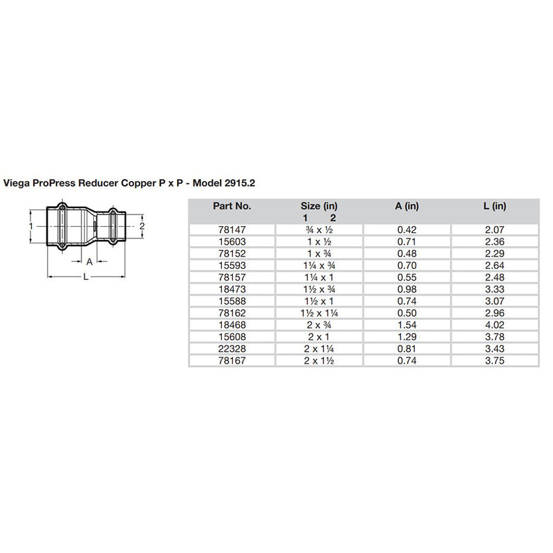 Viega ProPress 2 x 112 Copper Reducer  Double Press Connection  Smart Connect Technology 78167