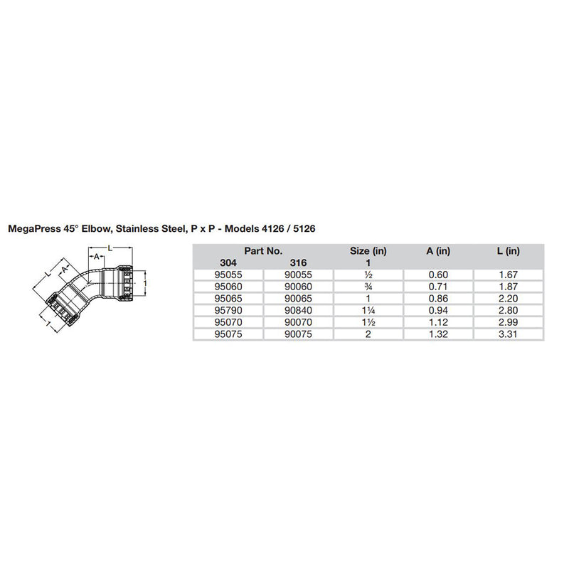 Viega MegaPress 2 45 Stainless Steel 304 Elbow  Double Press Connection  Smart Connect Technology 95075
