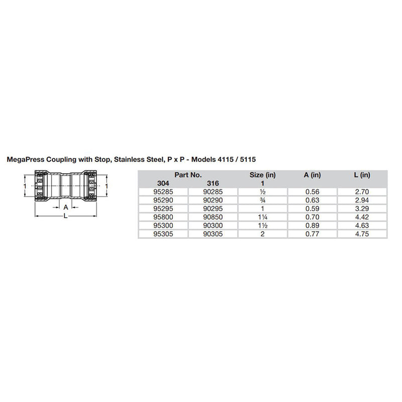 Viega MegaPress 34 Stainless Steel 304 Coupling wStop  Double Press Connection  Smart Connect Technology 95290