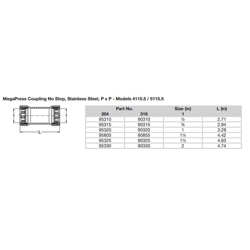 Viega MegaPress 1 Stainless Steel 304 Coupling wo Stop  Double Press Connection  Smart Connect Technology 95320