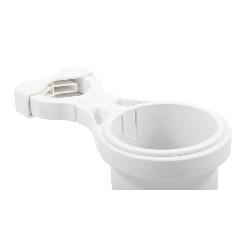 Camco ClampOn Rail Mounted Cup Holder  Large for Up to 2 Rail  White 53083