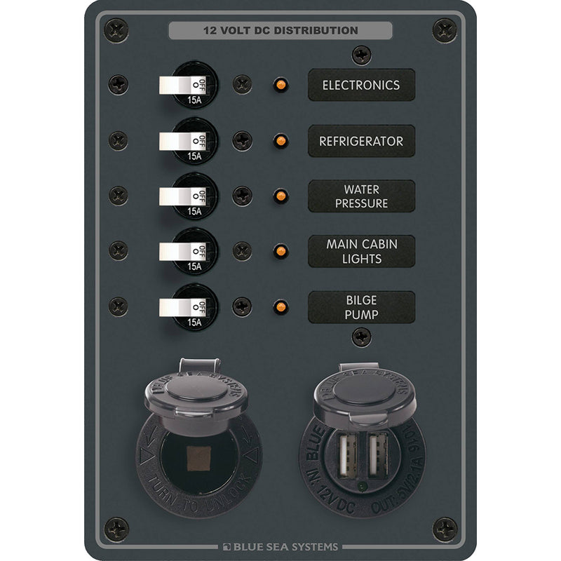 Blue Sea 8120  5 Position 12V Panel wDual USB  12V Socket 8120