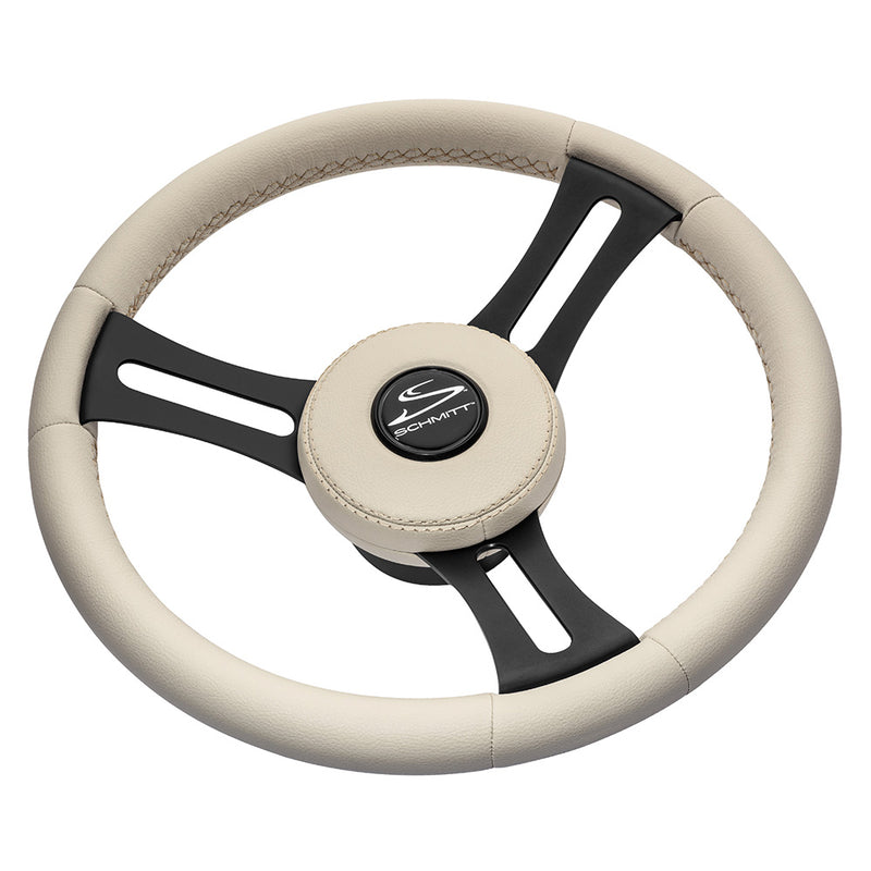 Schmitt Marine Torcello Elite 14 Wheel  Beige Leather  Cap  White Stitching  Black SS Spokes  34 Tapered Shaft PU081B11