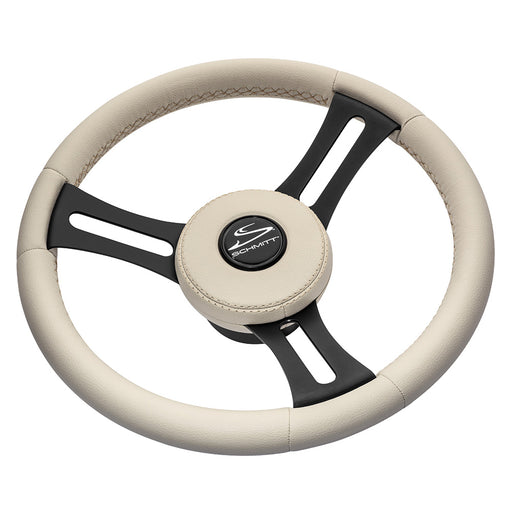 Schmitt Marine Torcello Elite 14 Wheel  Beige Leather  Cap  White Stitching  Black SS Spokes  34 Tapered Shaft PU081B11