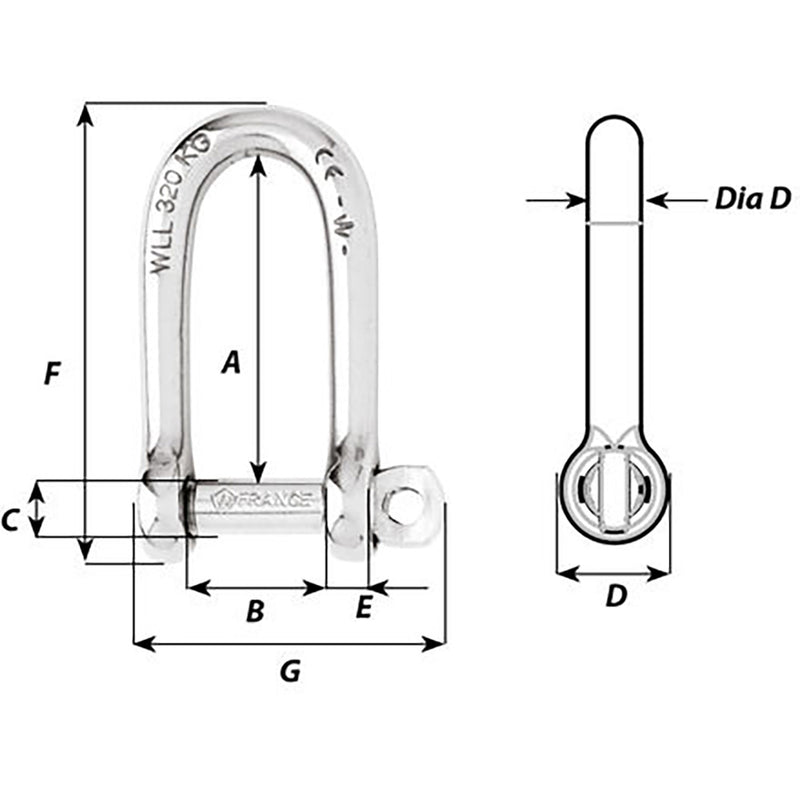 Wichard SelfLocking Long D Shackle  10mm Diameter  1332 1215W